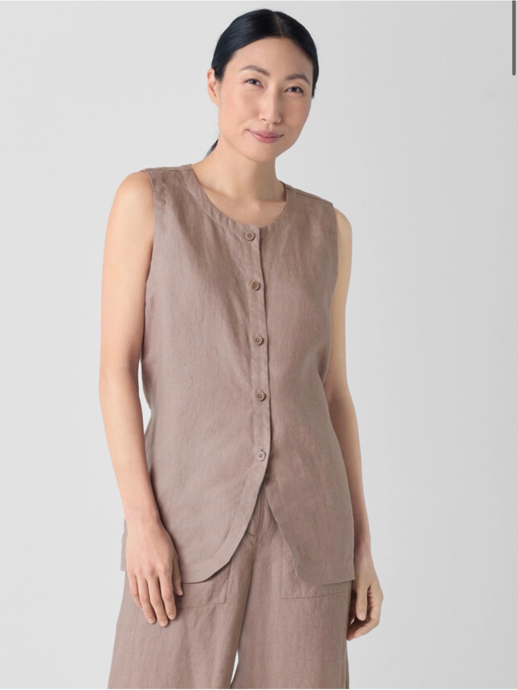 Eileen Fisher Organic Linen Long Vest Sleeveless Button Front Linen Top In Taupe
